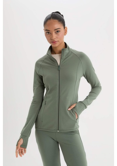 DeFactoFit Fitted Dik Yaka Çift Cepli Fermuarlı Sporcu Hırka B3985AX25SPKH458 Haki