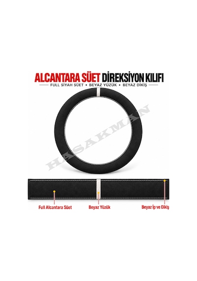 Renault Kangoo 2 Dikme Direksiyon Kılıfı Full Alcantara Süet Beyaz Yüzük Ve Beyaz Dikiş 2008-2012 Siyah