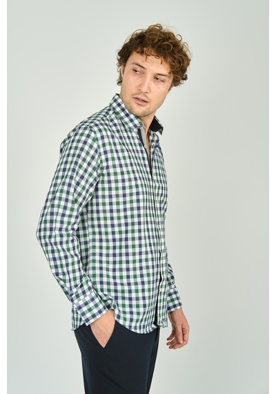 De Leone Erkek Slim Fit Kareli Uzun Kollu %100 Pamuk Gömlek 2240 Yeşil Yeşil