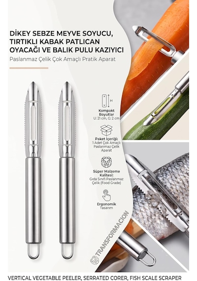 Ayrex Transformacion 2 Li Pratik Dikey Sebze Meyve Kabuk Soyucu, Tırtıklı Kabak Patlıcan Oyacağı Ve Balık Pulu K Diğer