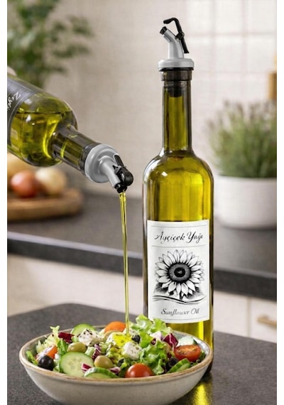 Korumalı Standlı Zeytinyağı Ve Ayçiçek Yağı Şişesi Seti, Etiketli Ve Yağdanlıklı, 750 Ml, 2 Adet Gri