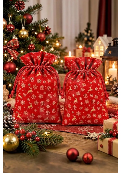 Yılbaşı Kırmızı Gold Geyik Ve Kar Tanesi Desenli Hediye Kesesi 2 Li Set - 17x23 Cm