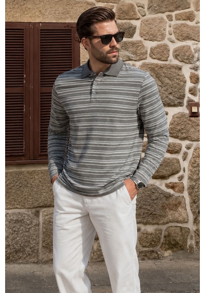 Madmext Gri Regular Fit Çizgili Polo Yaka Erkek Tişört E7192