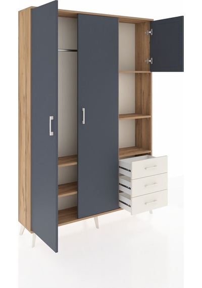 Arges Dolap 5 Raflı 3 Çekmeceli Tek Askılı 132x30x195 Çam-ant... Çam