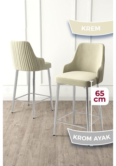 Canisa Tera Serisi 1 Adet Babyface Kumaş 65 Cm Krom Kaplama Ayaklı Krem Bar Sandalyesi Bej