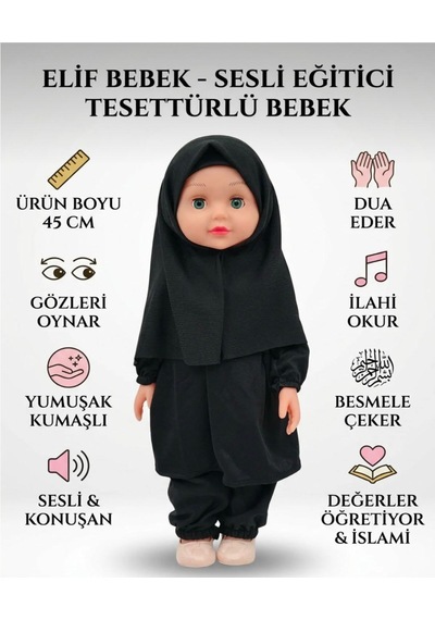 Tesettürlü Bebek Sesli Dua Eden İlahi Okuyan Eğitici Gözleri Hareketli Konuşan Oyuncak Et Bebek 43 Cm