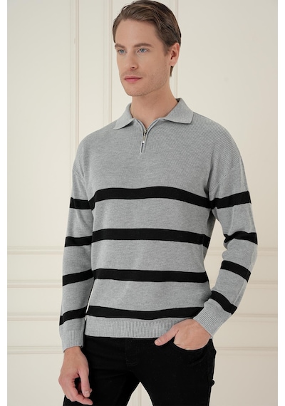 Efor Slim Fit Çizgili Fermuarlı Polo Yaka Gri Triko Kazak Tr 877 Gri