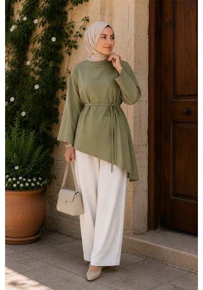 Maşuka Asimetrik Kesim Belden Bağlamalı Bol Kollu Kadın Tunik & Bluz - Şık Ve Modern Tasarım Haki Haki Maşuka Asimetrik Kesim Belden Bağlamalı Bol Kollu Kadın Tunik & Bluz - Şık Ve Modern Tasarım Haki Haki
