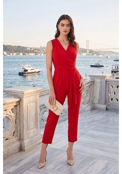 Lela Slim Fit Düz Paça Kruvaze Yaka Kemerli Bayan Tulum 6783626 Kırmızı