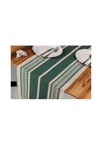 Tropik Home Pamuk Dantel Püsküllü Yeşil Runner, Sunum Örtüsü Dantel Bej 35x145 Cm Runner Masa Örtüsü Genel