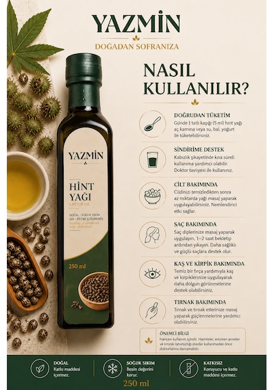 Hint Yağı 250 Ml %100 Doğal Ve Saf Hint Yağı, Soğuk Sıkım Castor Oil, Katkısız Bitkisel Yağ, Ricinus Yağı