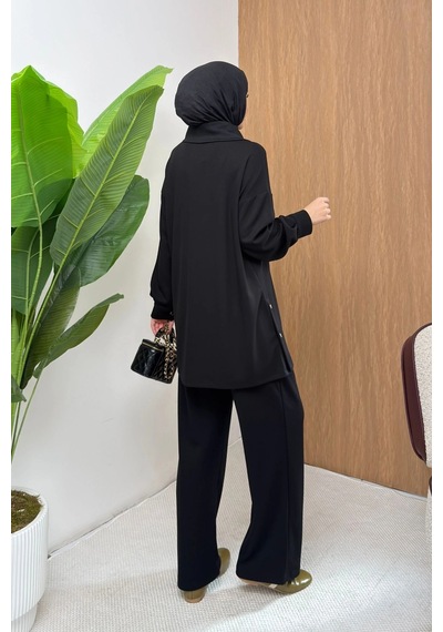 Mihran Butik Soho Elegance Yaka Detaylı Kadın Tesettür Alt Üst Takım Siyah