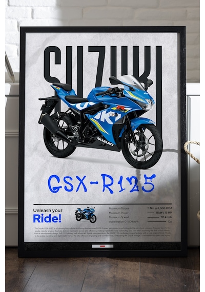 Suzuki Gsx-r125 Siyah Ahşap Çerçeveli Poster, Dekoratif Motosiklet Duvar Tablosu
