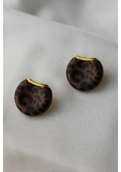 Leopar Desenli Düğme Model Küpe Koyu Kahve