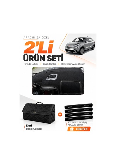 Fıat 500l 2013-2017 Uyumlu Torpido Örtüsü + Deri Bagaj Çantası + Sticker Seti - Siyah