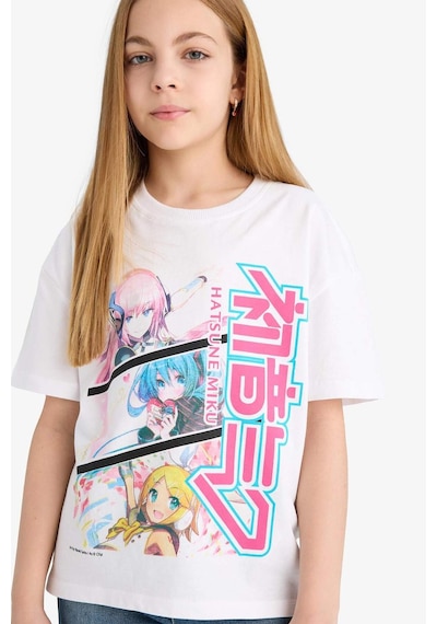 DeFacto Kız Çocuk Hatsune Miku Relax Fit Bisiklet Yaka Kısa Kollu Tişört E6516A825HSWT34 Beyaz
