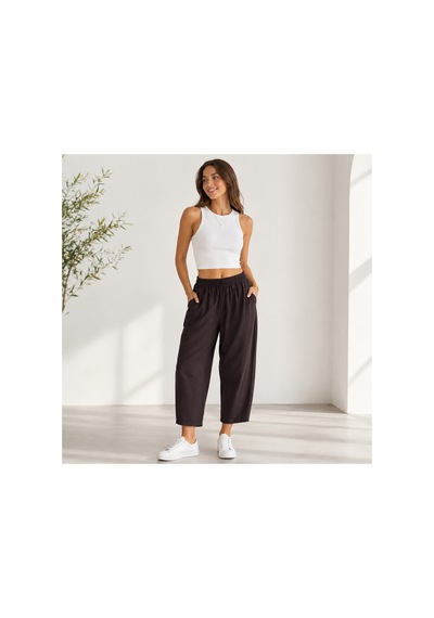 Mixxtrend Kadın Tencel Mom Kalıp Havuç Pantolon Kahverengi