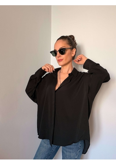 Ali Butik Siyah Gizli Düğmeli Oversize Saten Gömlek Siyah