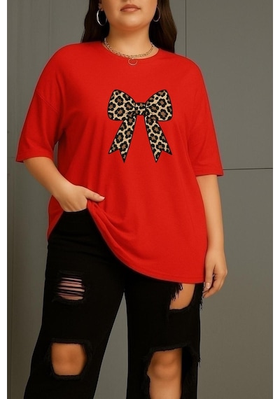 Büyük Leopar Desenli Klurdela Baskılı Unisex Tişört Kırmızı