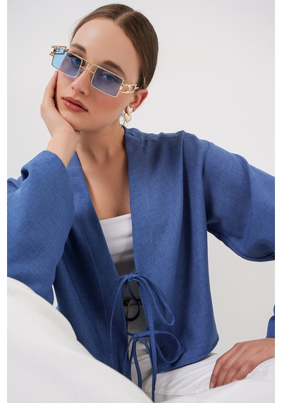 Bigdart Önü Bağlamalı Keten Kimono 960 - İndigo