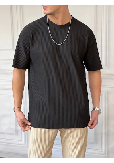 Modefendi Fitil Desen Bisiklet Yaka Oversıze T-shirt Siyah