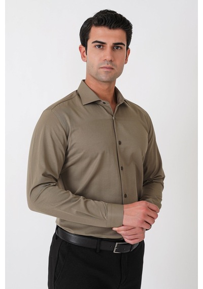 Slim Fit Pamuk Saten Klasik Haki Gömlek Gk 604