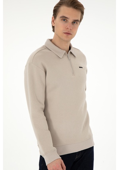 U.S. Polo Assn. Erkek Comfort Fit Yarım Fermuarlı Taş Basic Sweatshirt 50298265-VR049