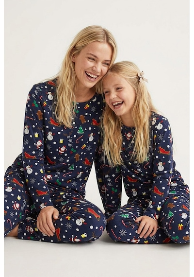 Siyah İnci %100 Pamuklu Şeker Baston Desenli Yılbaşı Temalı Örme Pijama Takım Lacivert Kardanadam