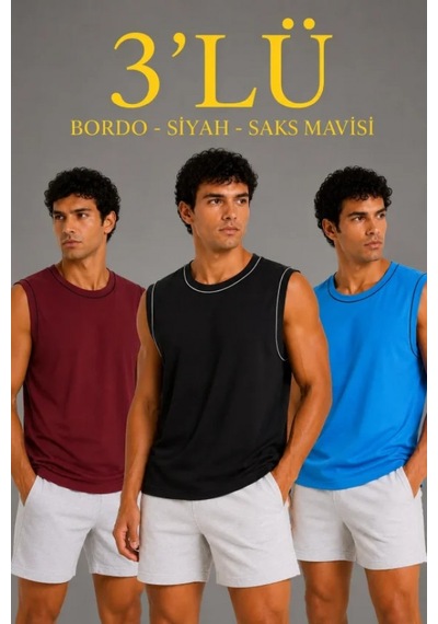 Efnaz Style Erkek 3 Lü Kolsuz Sporcu Atlet Seti Yazlık Bisiklet Yaka - Siyah, Bordo, Turkuaz Çok Renkli