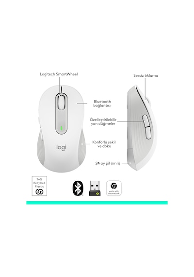 Signature M650 Kablosuz Mouse, Büyük Boy Sağ El İçin, Sessiz, 4000 Dpı, Bluetooth, Logi Bolt Usb Alıcı, 24 Ay Pil Ömrü, Beyaz