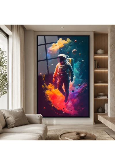 Renkli Dumanlarda Süzülen Astronot Siyah Çerçeveli Cam Tablo