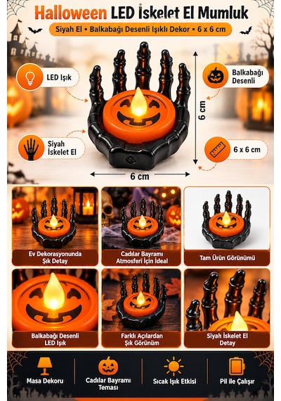 Halloween Cadılar Bayramı Led Işıklı İskelet El Mumluk Siyah Turuncu Balkabağı Dekoru 6x6 Cm Renkli