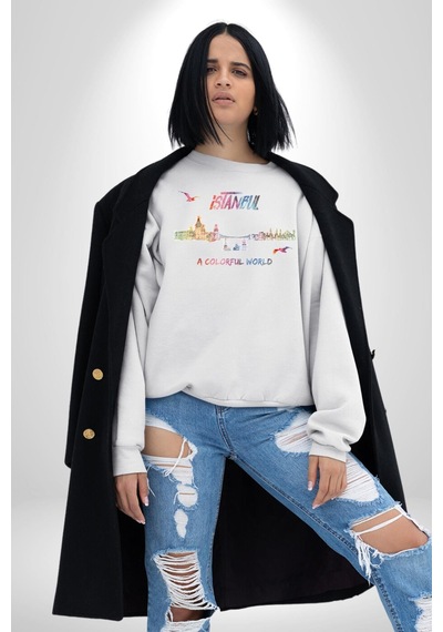 İstanbul Özel Tasarım Unisex Beyaz Sweatshirt Beyaz