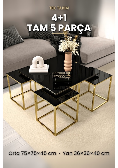 Alberta 5 Parça Gold Zigon Sehpa Takımı Orta Sehpa Yan Sehpa siyah Cam Kurulu Hediye 75x75 Alberta 5 Parça Gold Zigon Sehpa Takımı Orta Sehpa Yan Sehpa siyah Cam Kurulu Hediye 75x75