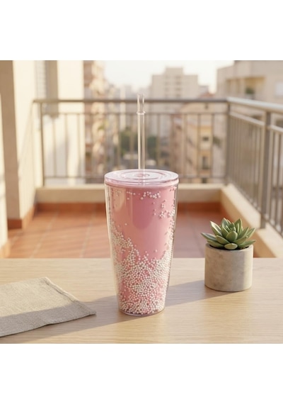 Pipetli Çift Katmanlı Soğuk İçecek Bardağı Boncuklu Tasarımlı Kapaklı Pipetli Bardak 20 Cm, Smoothie Ve Soğuk İçecekler İçin Yeniden Kullanılabilir Bardak çok renkli