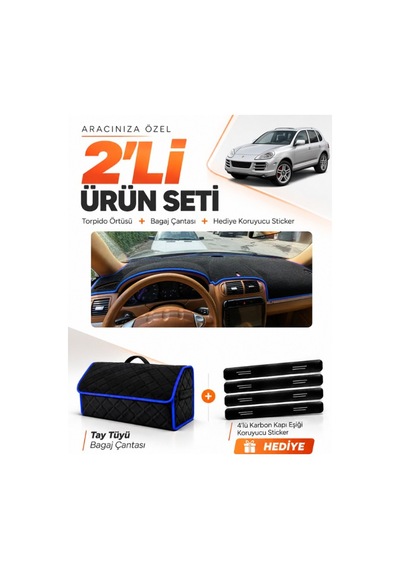 E-biz Porsche Cayenne 2002-2010 Uyumlu Torpido Örtüsü + Tay Tüyü Çanta - Siyah-mavi - Po001