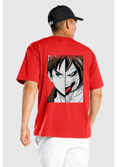 Anime Titan Saldırısı Kırmızı Oversize Unisex Ön Ve Sırt Baskılı Tişört Kırmızı