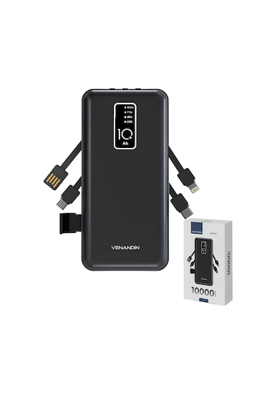 Powerbank 10.000 Mah Hızlı Şarj Destekli, 4'ü 1 Arada Entegre Kablolu Taşınabilir Şarj Cihazı-1713 Siyah