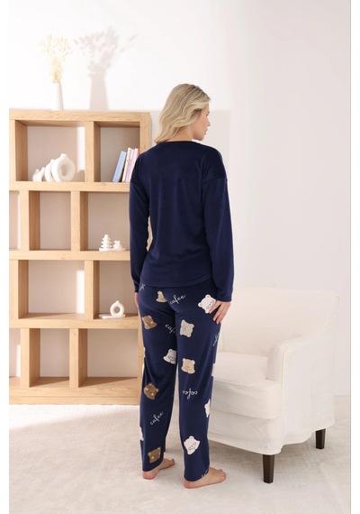 Pijamoni Kadın Fransız Kumaş V Yaka Ayıcık Baskılı Lacivert Pijama Takımı Lacivert