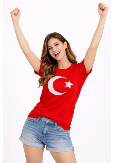Kadın T-shirt Kısa Kol Bisiklet Yaka Ay Yıldız Bayrak Baskılı Tişört - Kırmızı Çok Renkli