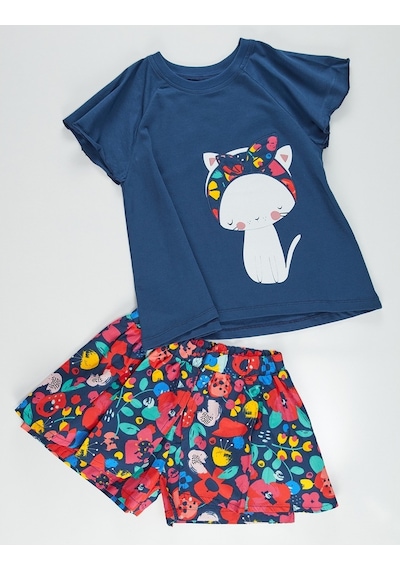 Denokids Çiçekli Kedi Kız Şort Takım Çok Renkli