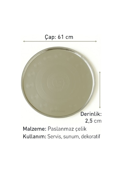 Yer Sofrası Sini 61 Cm Paslanmaz Çelik Tepsi, Geleneksel Yemek Sunum No:65 Gümüş