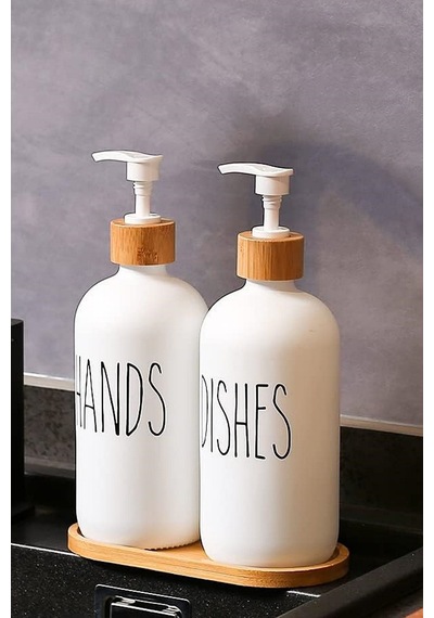 2 Li Soft Beyaz Dekoratif Mutfak Banyo Sıvı Cam Sabunluk Seti 500ml Bambu Stantlı Set Siyah - Beyaz