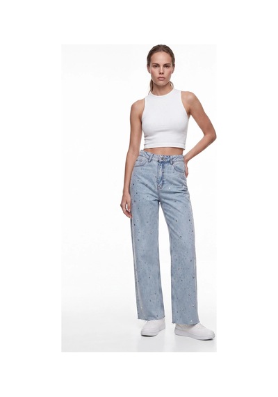 CEMO Kadın Taş İşlemeli Wide Leg Jean Pantolon Mavi