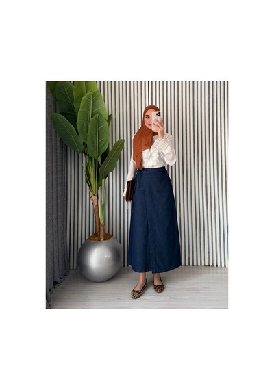 Unika Boutique Kadın Yandan Bağlamalı Tesettür Uzun Kot Etek Kot-lacivert