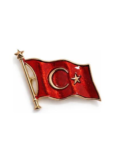 Kırmızı Bayrak Figürlü Metal Broş Gold Çerçeveli Ay Yıldız Tasarım Açık Gri