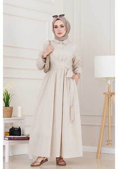 Sevitli Belden Bağlamalı Mina Elbise-bej-4931 Bej