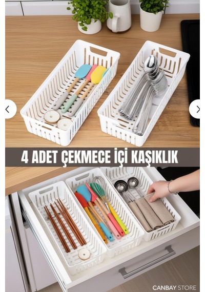 4'lü Modüler Kaşıklık Seti - Mutfak Düzenleyici Çekmece Içi Organizer Bıçaklık Kepçelik Beyaz Beyaz