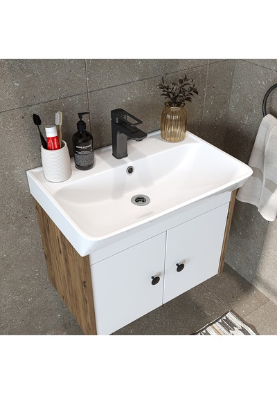 Lavabolu Mat Suntalam 60 Cm Banyo Dolabı + Aynalı Üst Dolabı Atlantik Çam - Beyaz Lavabolu Mat Suntalam 60 Cm Banyo Dolabı + Aynalı Üst Dolabı Atlantik Çam - Beyaz