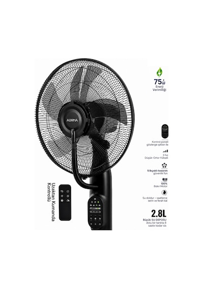 Exenar - Siyah - Uzaktan Kumandalı Buzlu Vantilatör Buharlı Soğutucu Nemlendirici Fan Zaman Ayarlı Oda Soğutucu 2.8l